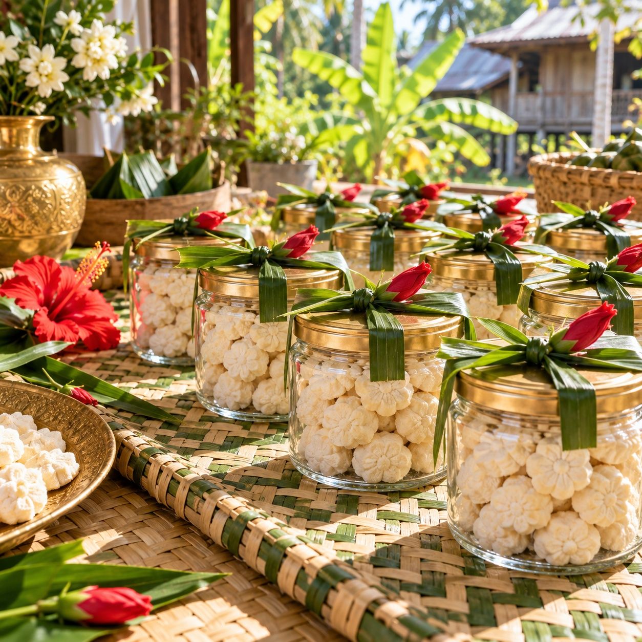 Balang kuih bangkit diikat daun pandan dan kuntum bunga raya sebagai cenderahati kenduri