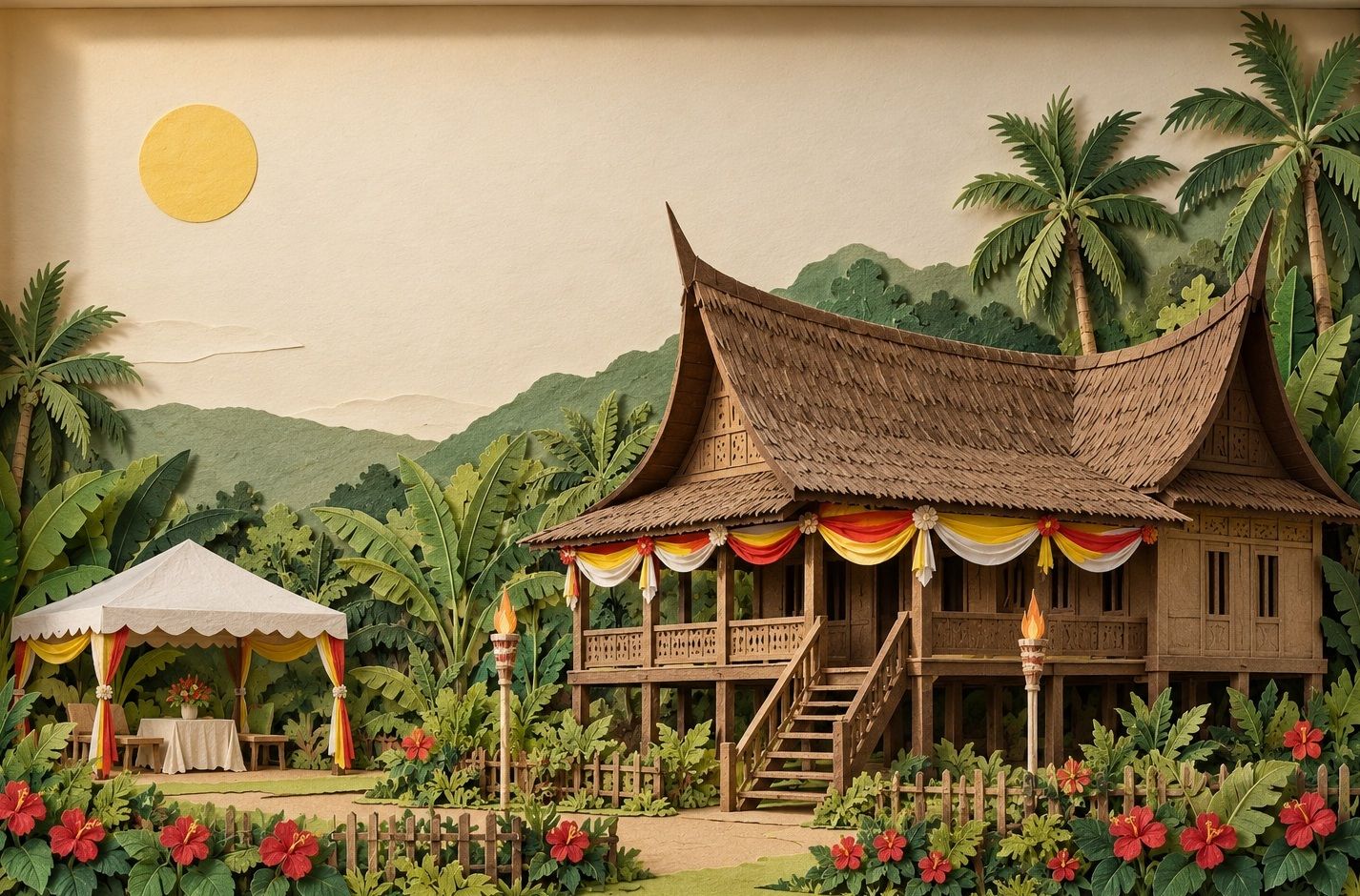 Diorama kertas buatan tangan: rumah kampung Negeri Sembilan berbumbung gonjong dihias untuk kenduri kahwin, dengan khemah, pelita dan pagar bunga raya